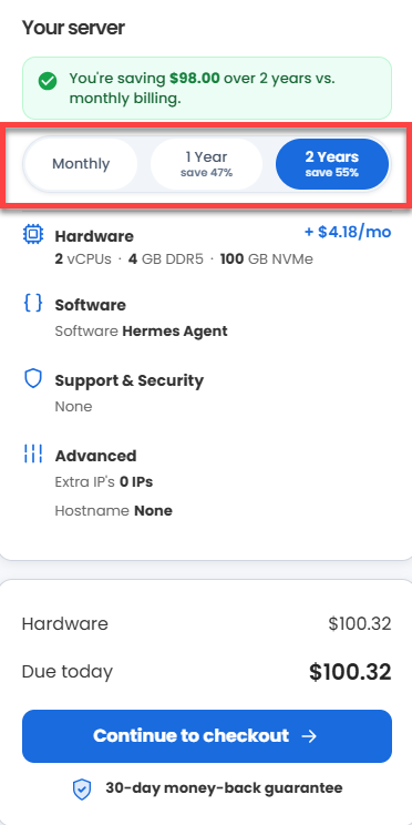 Self-Managed VPS - hermes- agent - Continue to Checkout